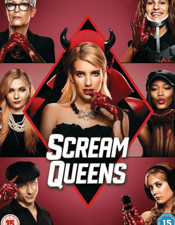 Scream Queens DVD cover featuring Emma Roberts as a devil, surrounded by cast members with bloody hands, on a red background.