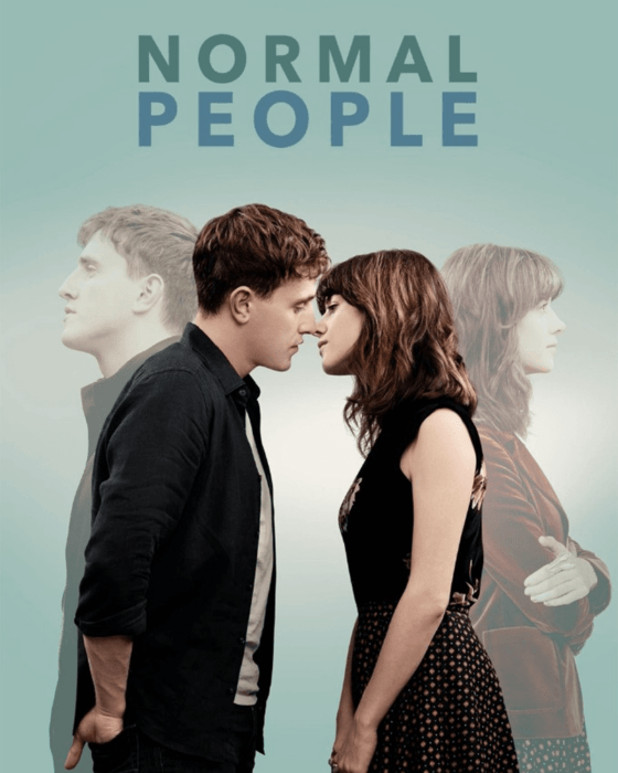 "Normal People" poster featuring a man and woman with heads almost touching, facing each other, against faded profiles of themselves looking away.