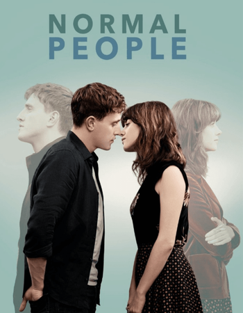 "Normal People" poster featuring a man and woman with heads almost touching, facing each other, against faded profiles of themselves looking away.
