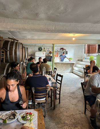 Diners enjoy a meal in a rustic restaurant featuring large wine barrels.