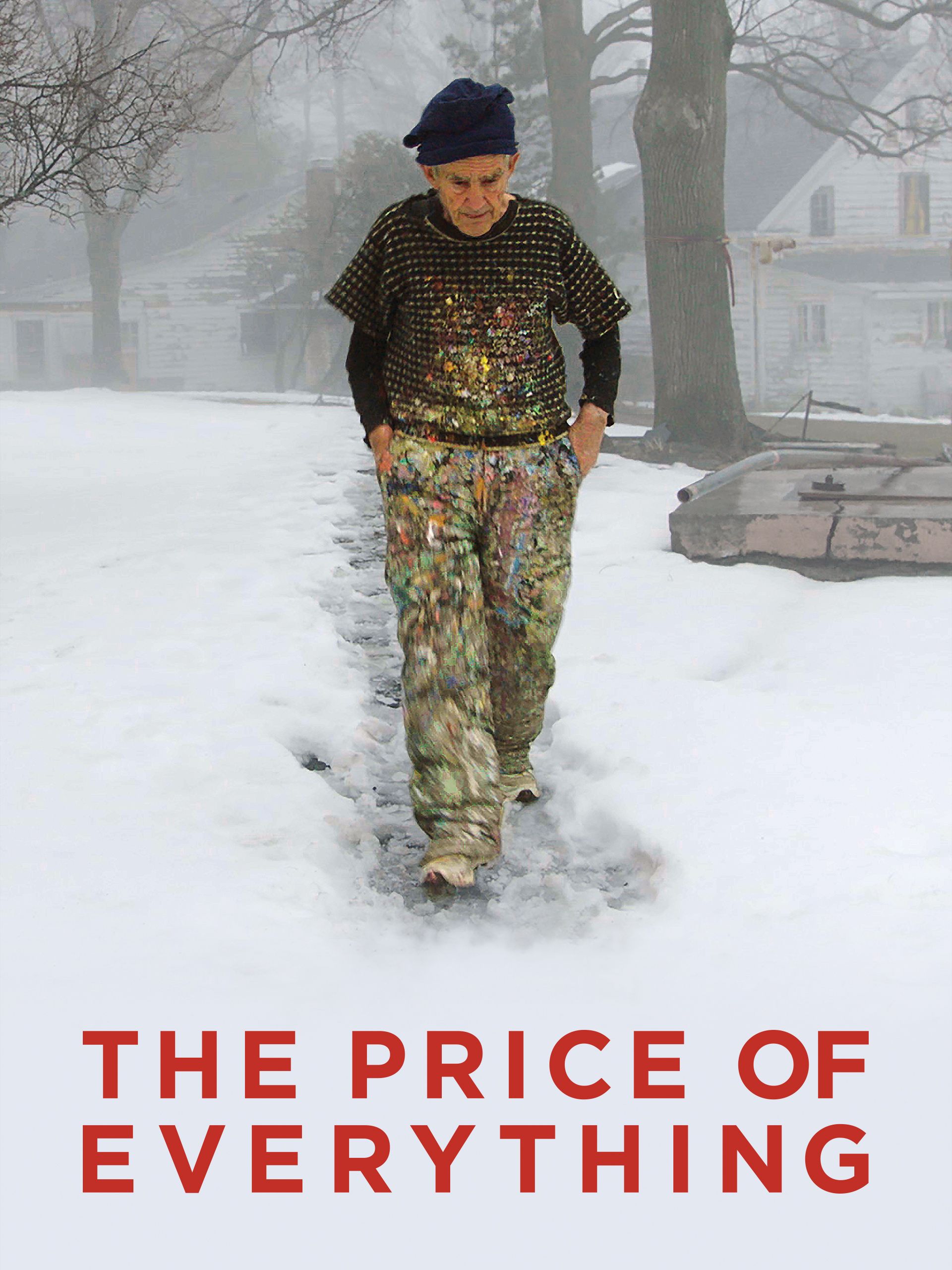 An elderly artist in paint-splattered clothes walks on a snowy path. Text: THE PRICE OF EVERYTHING.