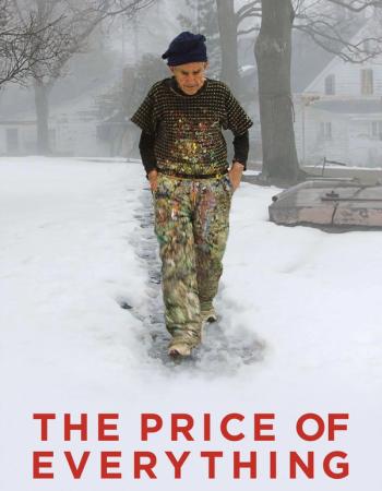 An elderly artist in paint-splattered clothes walks on a snowy path. Text: THE PRICE OF EVERYTHING.