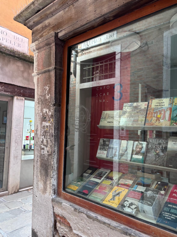 Old bookstore window displaying books, with street reflections.