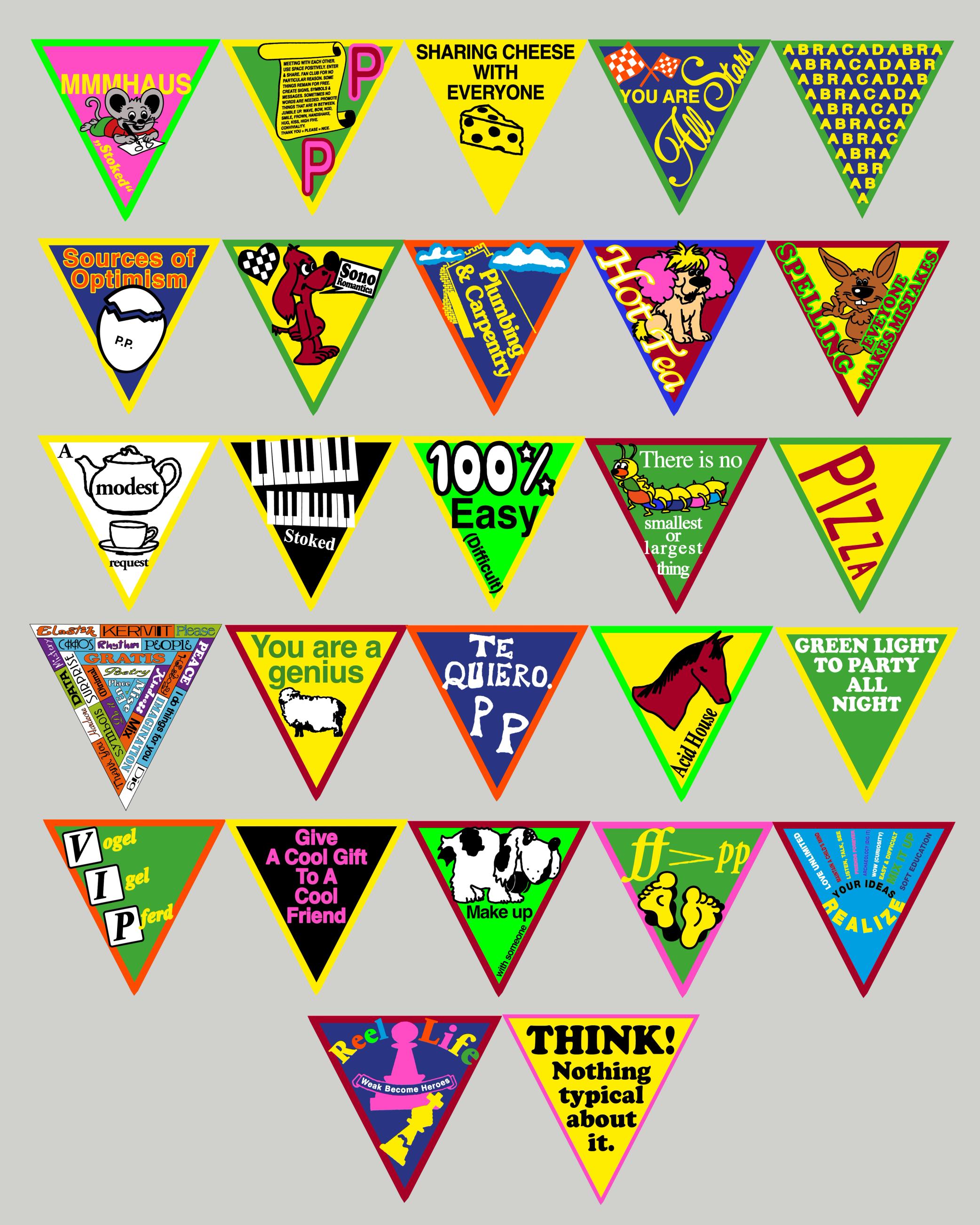 A grid of colorful triangular pennants, each with a unique, often whimsical, phrase or illustration.