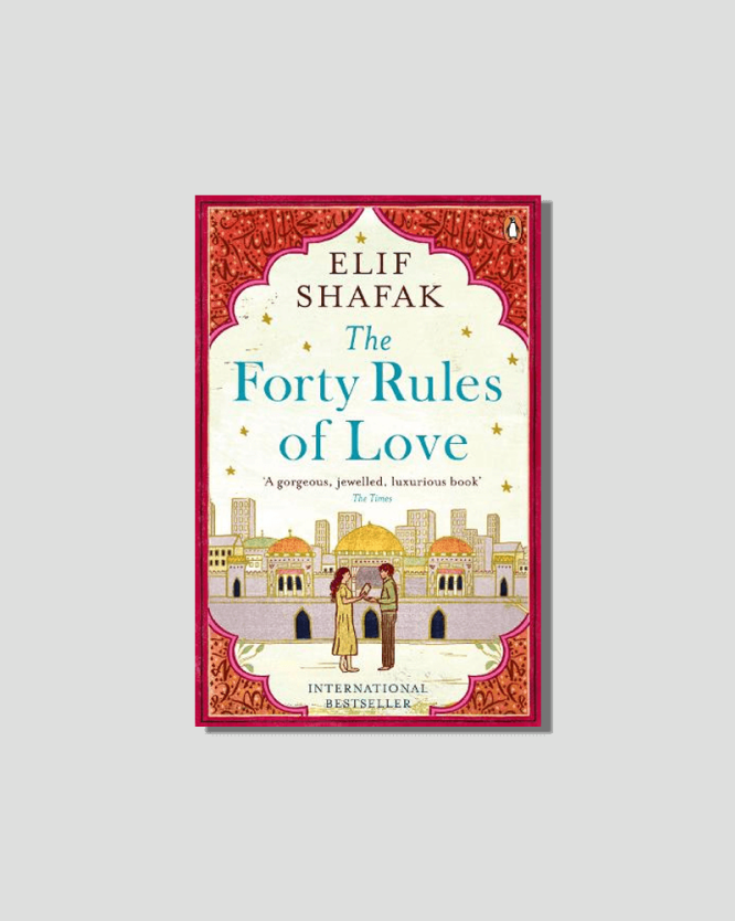 Book cover for Elif Shafak's "The Forty Rules of Love," featuring two people in traditional attire amidst domed buildings and a starry sky, all framed by an ornate red border.