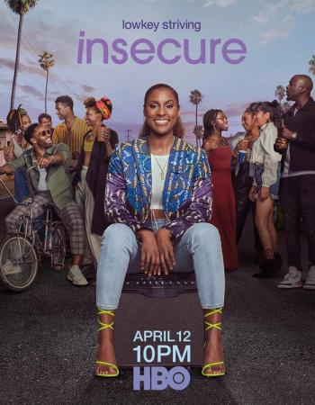 Issa Rae smiles, seated on an amplifier in a colorful blazer, surrounded by diverse friends outdoors, with the text "lowkey striving insecure" and "APRIL 12 10PM HBO."