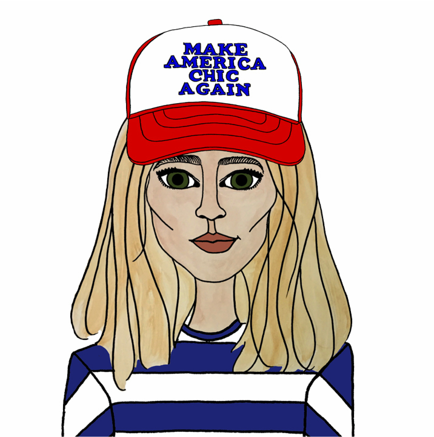 A cartoon drawing of a woman with blonde hair and green eyes wearing a red and white baseball cap that says "MAKE AMERICA CHIC AGAIN" and a blue and white striped shirt.