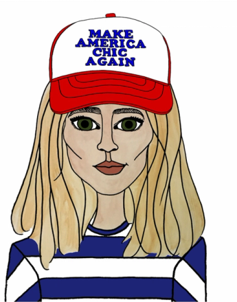 A cartoon drawing of a woman with blonde hair and green eyes wearing a red and white baseball cap that says "MAKE AMERICA CHIC AGAIN" and a blue and white striped shirt.