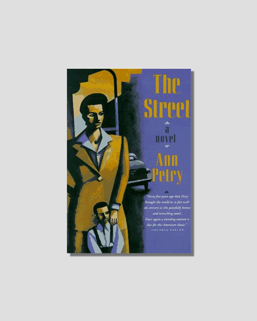 Book cover for "The Street" by Ann Petry, featuring a stylized illustration of a woman in a yellow coat and a small boy on a purple background.