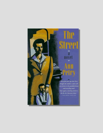 Book cover for "The Street" by Ann Petry, featuring a stylized illustration of a woman in a yellow coat and a small boy on a purple background.