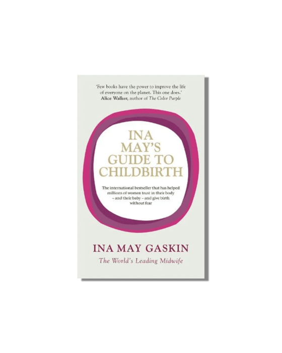 Book cover for Ina May's Guide to Childbirth by Ina May Gaskin, with a pink abstract oval design on a light background.