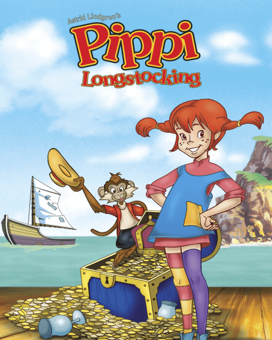 Cartoon cover for Astrid Lindgren's Pippi Longstocking, featuring Pippi with red pigtails and mismatched stockings, her monkey, a treasure chest, and a sailboat on the sea.