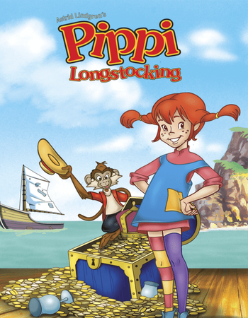 Cartoon cover for Astrid Lindgren's Pippi Longstocking, featuring Pippi with red pigtails and mismatched stockings, her monkey, a treasure chest, and a sailboat on the sea.