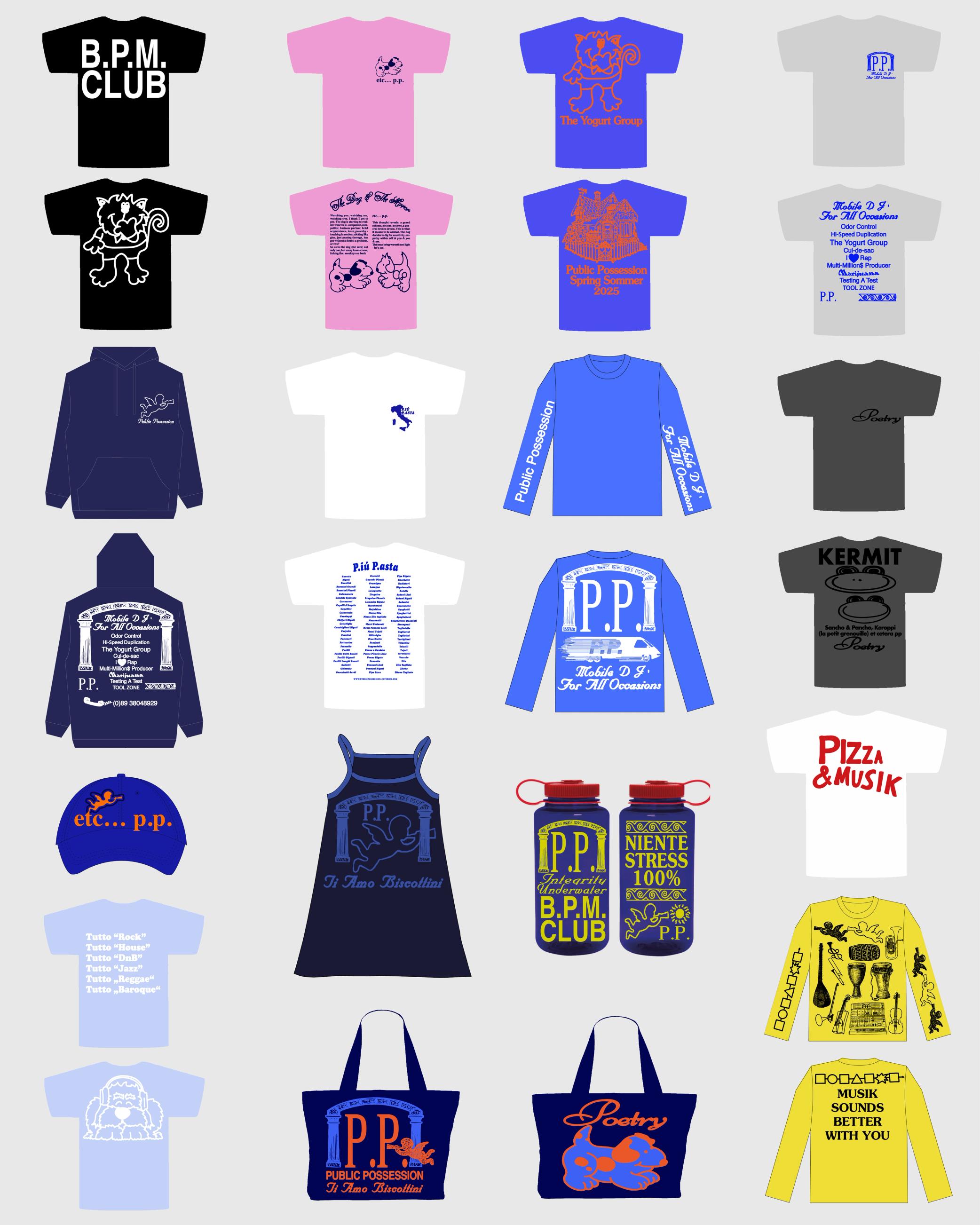 A collection of 28 apparel and accessory items, including t-shirts, hoodies, a dress, a hat, water bottles, and tote bags, in various colors with designs related to Public Possession and B.P.M. Club.