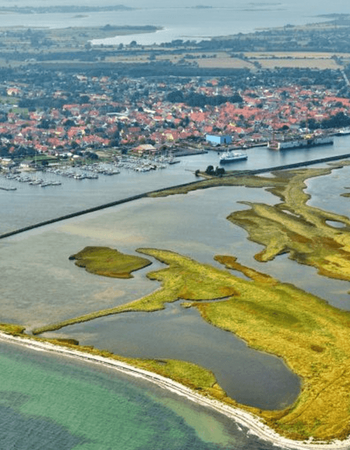 Aerial view of a coastal town featuring red-roofed buildings, a marina with boats, and a port with a ship, situated by wetlands and a sandy beach, all separated by a long breakwater.