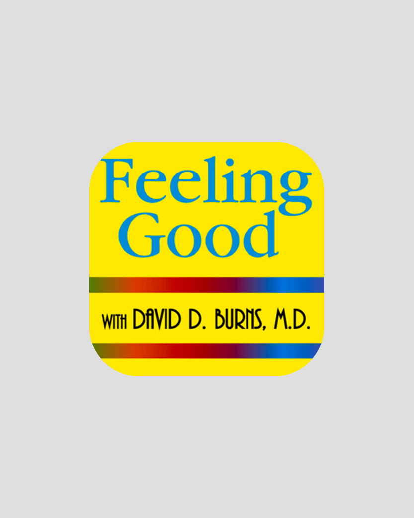 Logo for "Feeling Good with David D. Burns, M.D." in blue text on a yellow background with rainbow stripes.