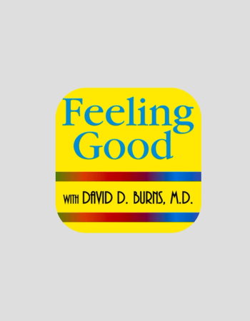 Logo for "Feeling Good with David D. Burns, M.D." in blue text on a yellow background with rainbow stripes.