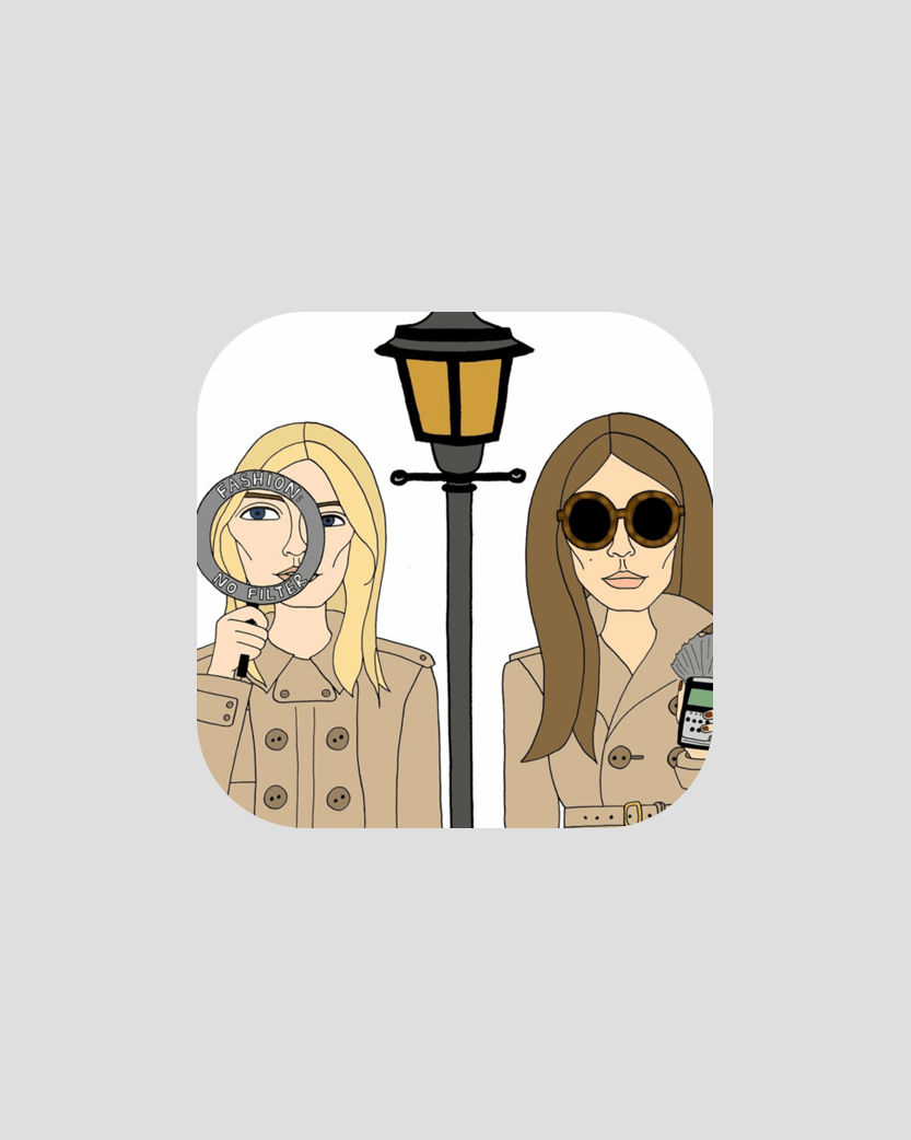 Two cartoon women in trench coats flank a street lamp; one looks through a magnifying glass labeled "FASHION NO FILTER", the other wears round sunglasses and holds a phone and cash.