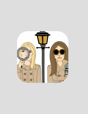 Two cartoon women in trench coats flank a street lamp; one looks through a magnifying glass labeled "FASHION NO FILTER", the other wears round sunglasses and holds a phone and cash.