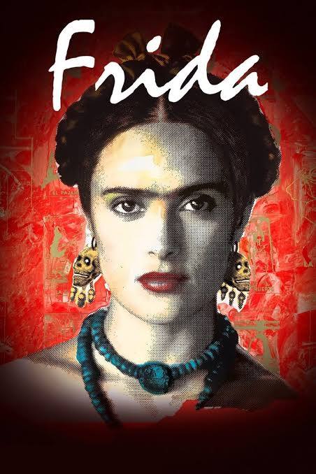 Stylized portrait of Frida Kahlo with "FRIDA" in white text above, featuring skull earrings and a blue necklace, against a vibrant red background.