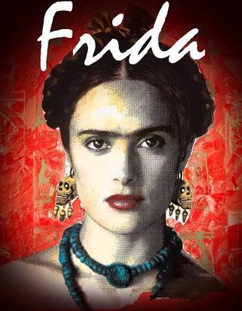 Stylized portrait of Frida Kahlo with "FRIDA" in white text above, featuring skull earrings and a blue necklace, against a vibrant red background.