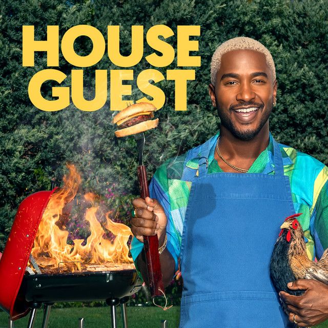 Smiling man holding a burger on a spatula and a chicken, next to a flaming grill, with text "HOUSE GUEST".