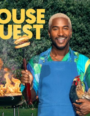 Smiling man holding a burger on a spatula and a chicken, next to a flaming grill, with text "HOUSE GUEST".