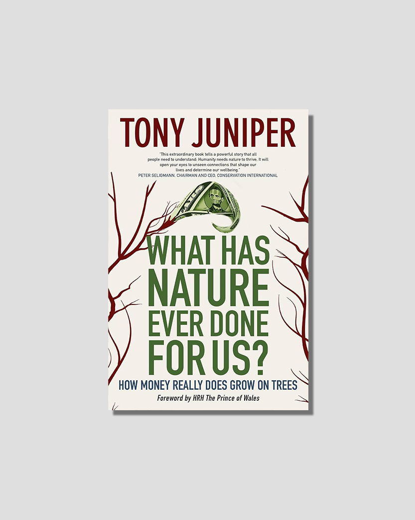 Book cover for "What Has Nature Ever Done For Us? How Money Really Does Grow On Trees" by Tony Juniper, featuring a dollar bill shaped like a leaf and bare tree branches.