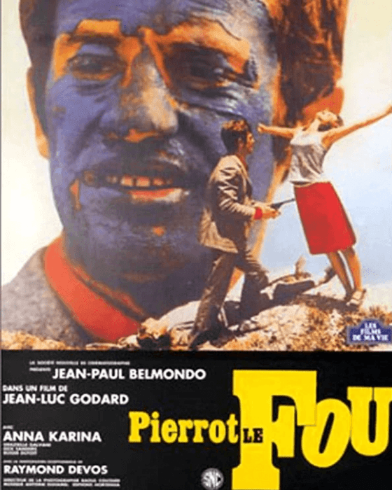 Movie poster for Pierrot le Fou, featuring a large blue and orange painted face of Jean-Paul Belmondo in the background, with a smaller man holding a gun and a woman with outstretched arms in the foreground.