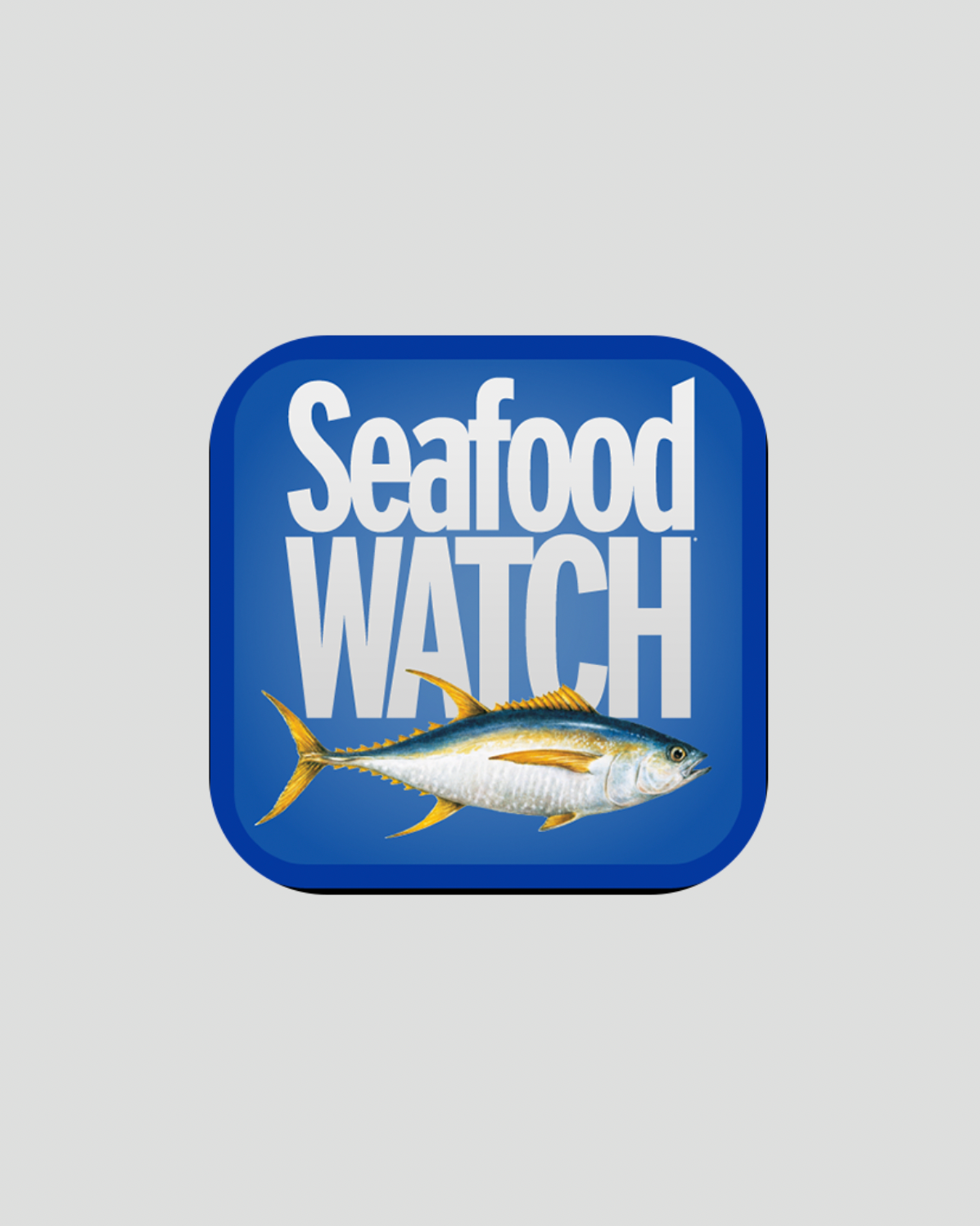 Blue app icon for Seafood WATCH featuring a yellowfin tuna.