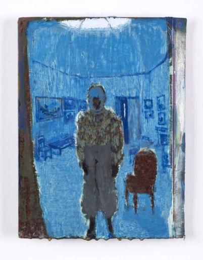 Textured painting of a standing figure in a mottled top and gray pants, set in a blue room with a brown chair.