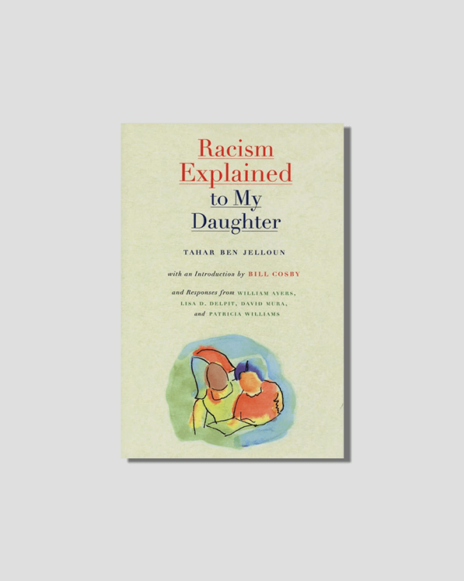 Book cover for "Racism Explained to My Daughter" by Tahar Ben Jelloun, featuring a watercolor illustration of two figures, likely an adult and a child, reading together.