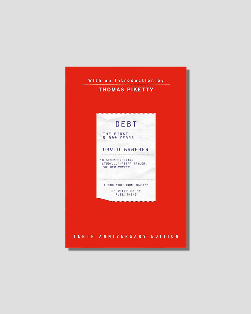 Red book cover for "Debt: The First 5,000 Years" by David Graeber, featuring the title on a torn receipt graphic.