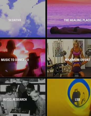 A six-panel grid with images and text: sky and clouds (SEDATIVE), person on beach (THE HEALING PLACE), people dancing (MUSIC TO DANCE TO), women lifting weights (MAXIMUM EFFORT), children with audio equipment (AUDIO RESEARCH), and abstract scene with figures (LSD).