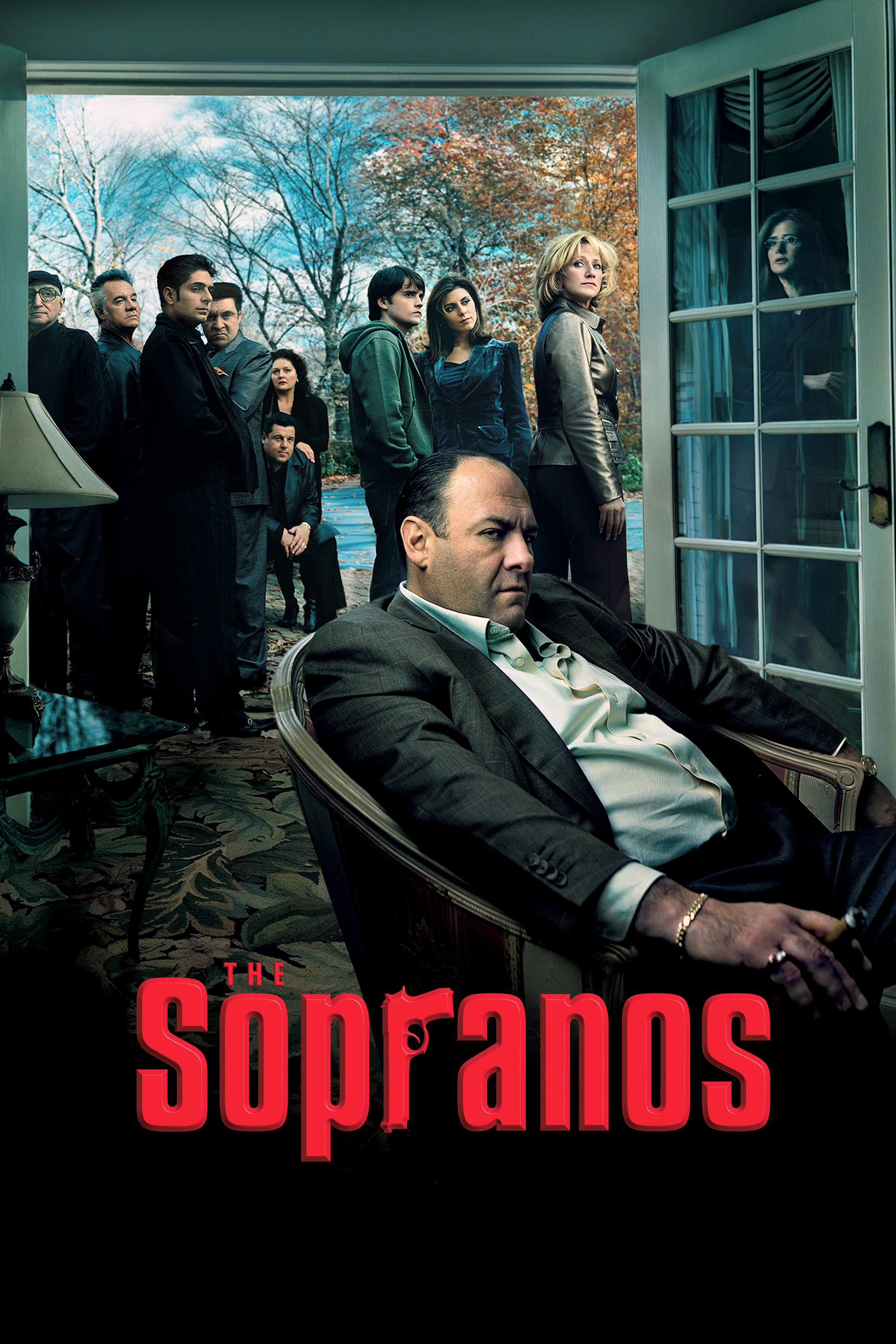 Tony Soprano sits in an armchair indoors, looking left, while a large group of family and associates stand outside a house with trees. The title "THE Sopranos" with a gun graphic for the 'o' is at the bottom.