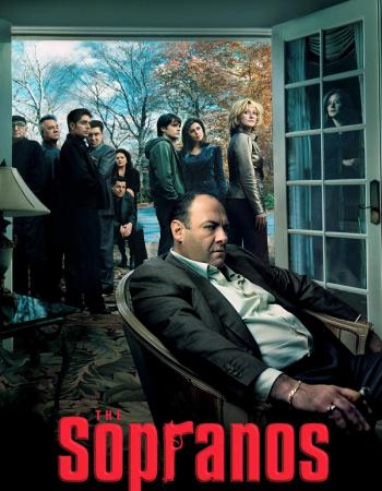 Tony Soprano sits in an armchair indoors, looking left, while a large group of family and associates stand outside a house with trees. The title "THE Sopranos" with a gun graphic for the 'o' is at the bottom.