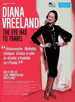 Movie poster for "Diana Vreeland: The Eye Has to Travel" featuring a stylized illustration of Diana Vreeland in a black dress and red boots on a red background.