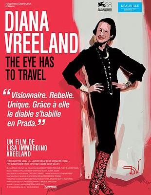 Movie poster for "Diana Vreeland: The Eye Has to Travel" featuring a stylized illustration of Diana Vreeland in a black dress and red boots on a red background.