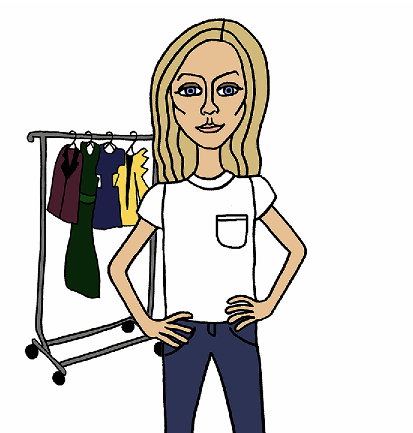 A cartoon woman with blonde hair, blue eyes, a white t-shirt, and blue jeans stands with hands on hips next to a clothing rack with four dresses.