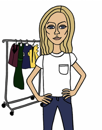 A cartoon woman with blonde hair, blue eyes, a white t-shirt, and blue jeans stands with hands on hips next to a clothing rack with four dresses.