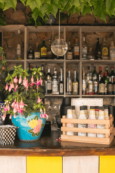 A colorful bar counter with blooming fuchsia plants, a football shaker, and shelves filled with liquor bottles.