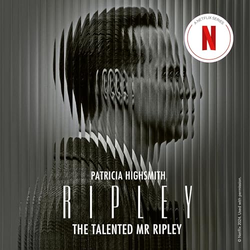 Black and white image of a man's profile composed of multiple shifted vertical segments. Text: Ripley: The Talented Mr Ripley, A Netflix Series.