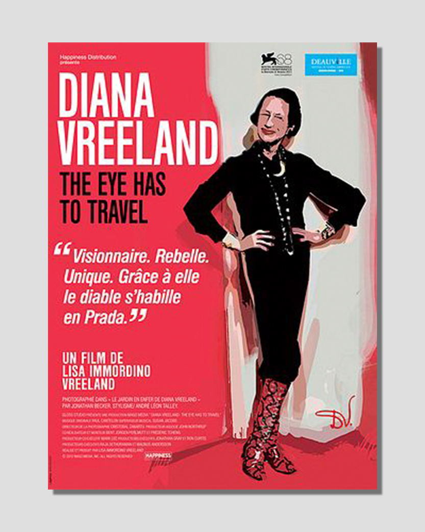 Movie poster for "Diana Vreeland: The Eye Has to Travel" featuring a stylized illustration of Diana Vreeland in a black dress and red boots on a red background.