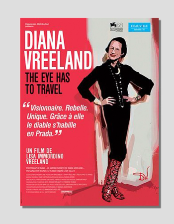 Movie poster for "Diana Vreeland: The Eye Has to Travel" featuring a stylized illustration of Diana Vreeland in a black dress and red boots on a red background.