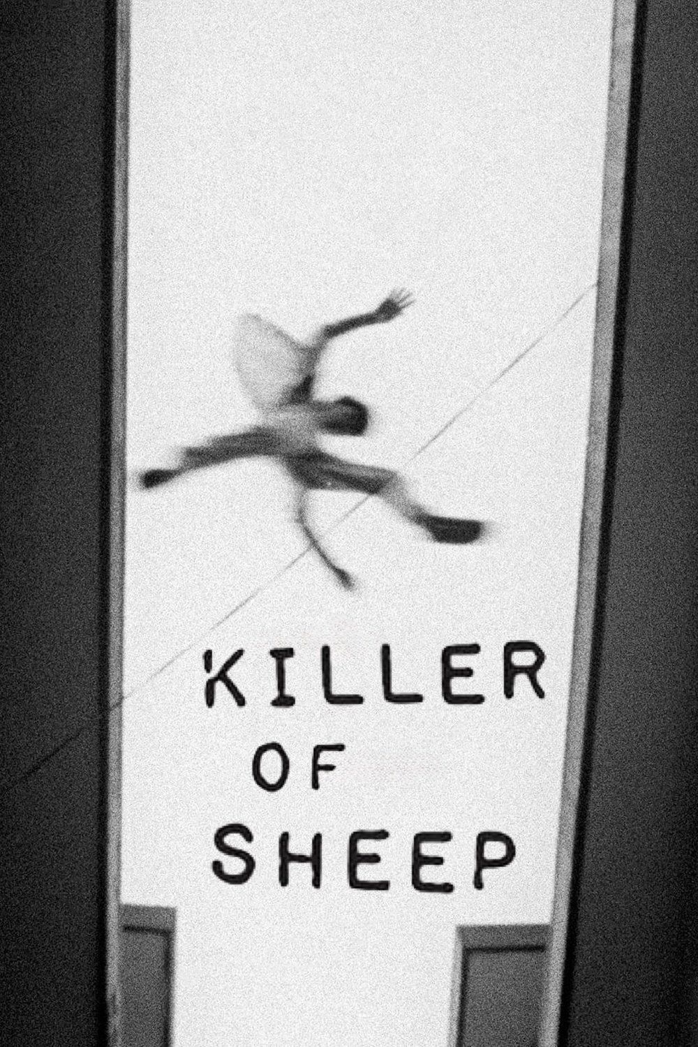 Black and white movie poster for "Killer of Sheep" featuring a blurred human figure in mid-air.
