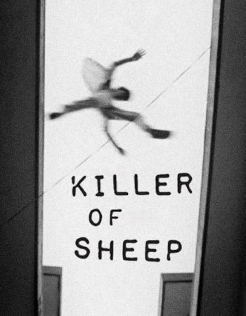 Black and white movie poster for "Killer of Sheep" featuring a blurred human figure in mid-air.