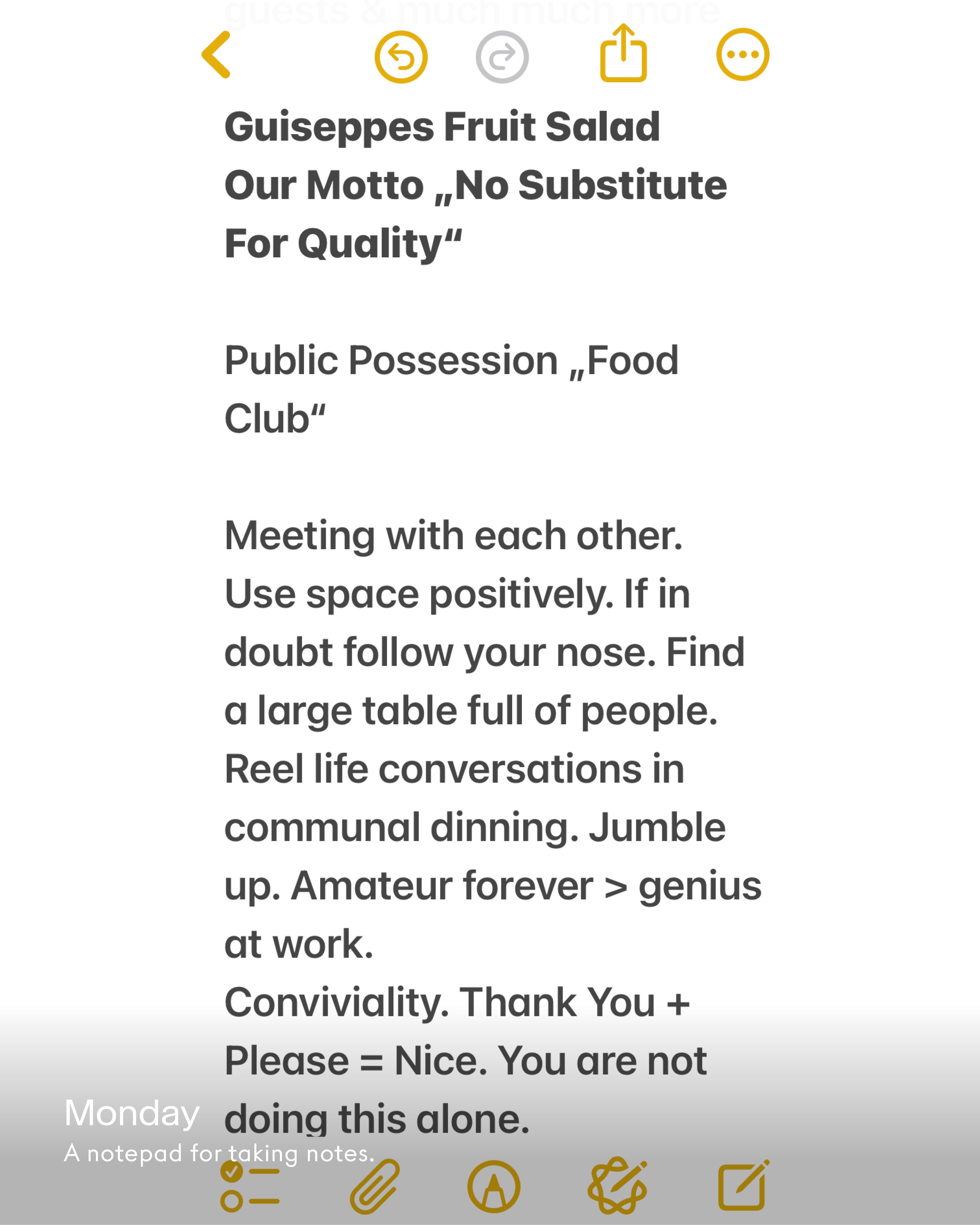 A white note on a mobile screen details "Guiseppes Fruit Salad," the motto "No Substitute For Quality," and a "Public Possession Food Club" focused on communal dining and conviviality.