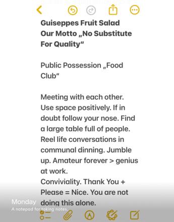 A white note on a mobile screen details "Guiseppes Fruit Salad," the motto "No Substitute For Quality," and a "Public Possession Food Club" focused on communal dining and conviviality.