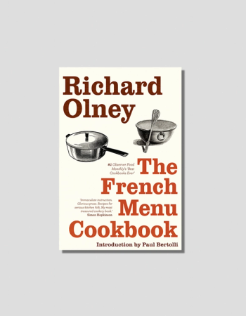 The French Menu Cookbook by Richard Olney, featuring line drawings of a saucepan and a bowl with a whisk.