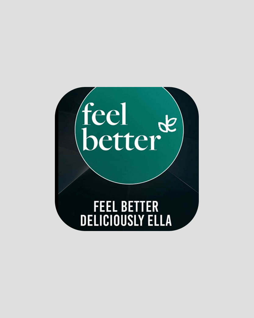 App icon for Feel Better Deliciously Ella, featuring a teal circle with "feel better" and a leaf logo on a dark background.